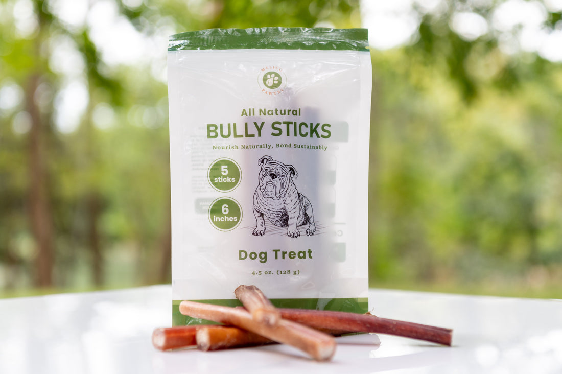 A package of Melico Pawtry All Natural Bully Sticks displayed outdoors on a white surface, with several bully sticks arranged in front of the bag against a blurred green background.
