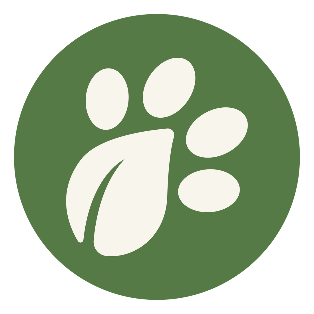 Green circular logo featuring a cream-colored paw print design in the center.