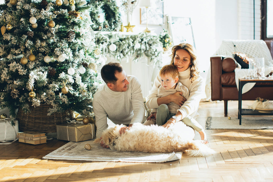 A happy family sitting together by a decorated Christmas tree, with parents and a young child petting their fluffy dog on a cozy rug in a festive living room.