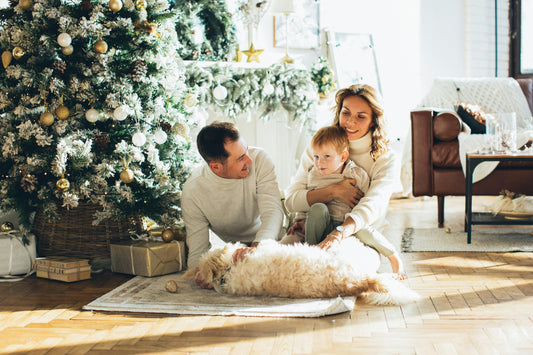 A happy family sitting together by a decorated Christmas tree, with parents and a young child petting their fluffy dog on a cozy rug in a festive living room.