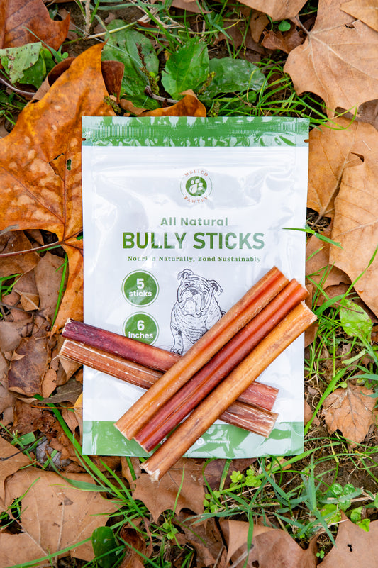 Package of all natural bully sticks on a grassy background with leaves