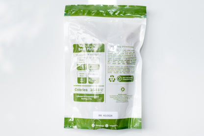 Back of Melico Pawtry Beef Pizzle dog treat bag showing ingredients, nutrition facts, feeding directions, recycling info, and best-by date 4/1/2026.