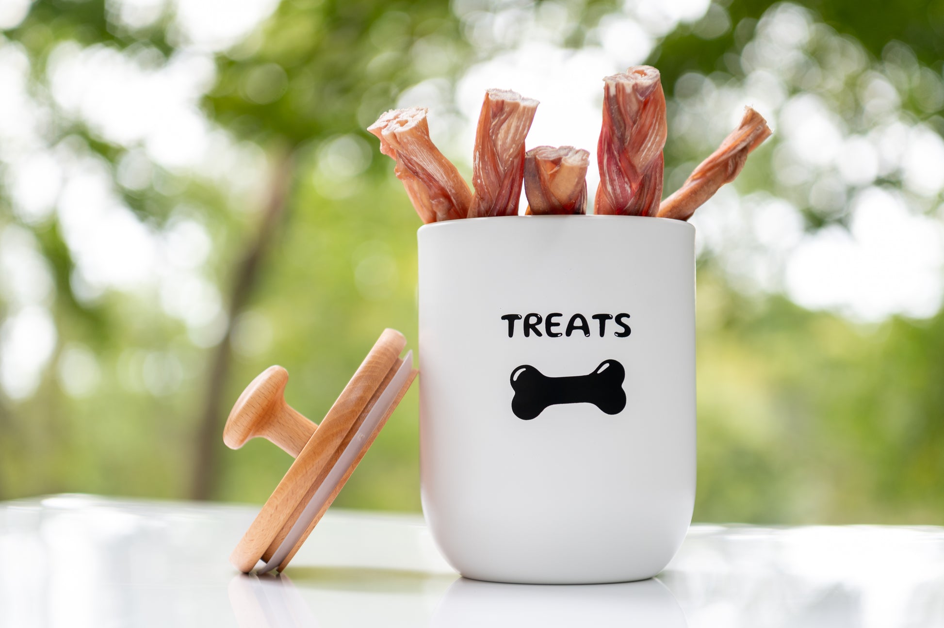 White container labeled 'Treats' with five braided bully sticks on a natural background
