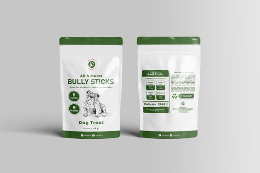 Five-pack of 6-inch all-natural bully sticks in resealable eco-friendly pouch, made from beef pizzle for dog dental health