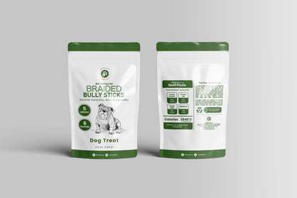Five-pack of 6-inch braided bully sticks in eco-friendly pouch, made from beef pizzle for long-lasting chewing