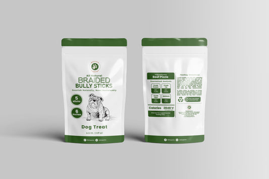 Five-pack of 6-inch braided bully sticks in eco-friendly pouch, made from beef pizzle for long-lasting chewing